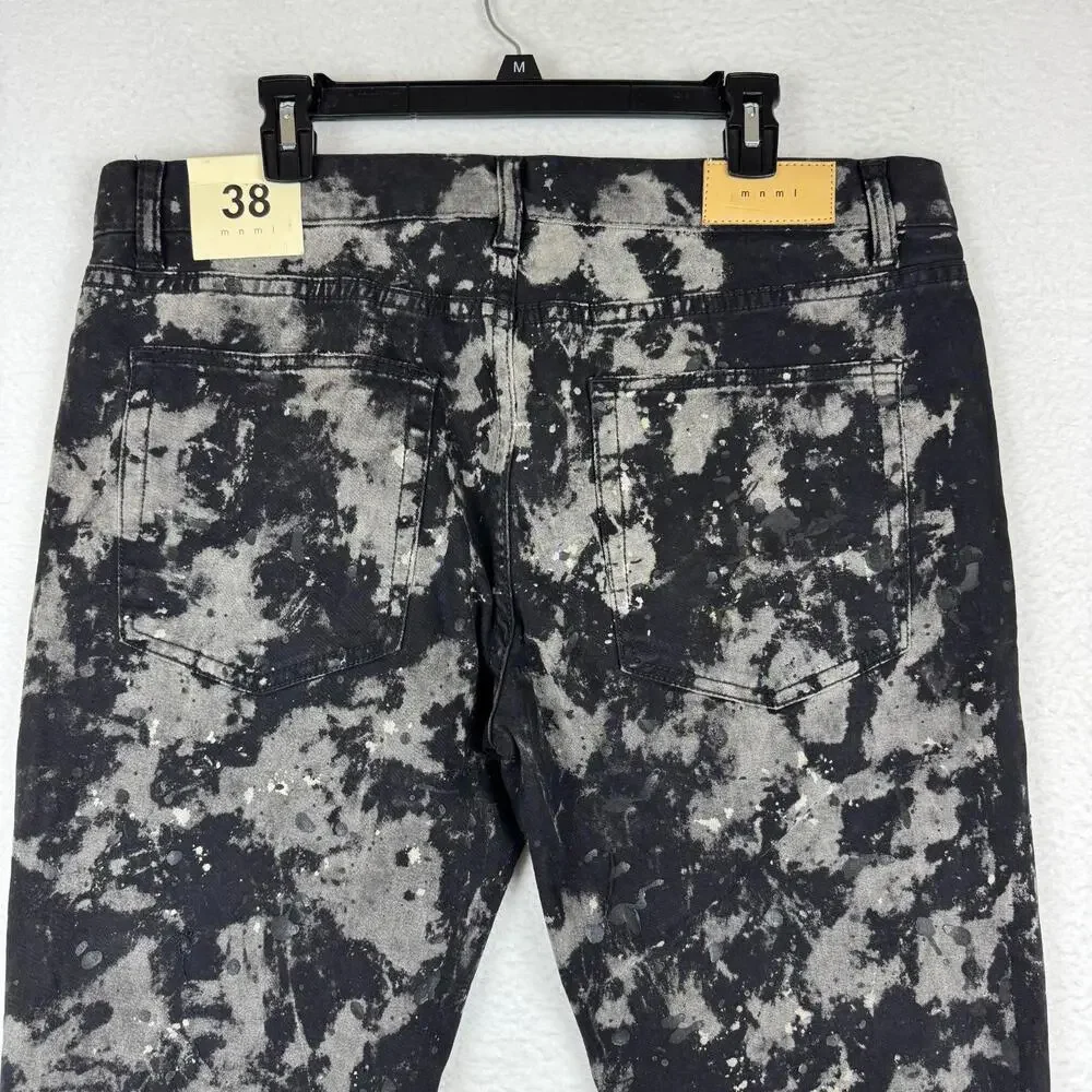 NWT MNML Men's 38x33 Slim Black Distressed Painted Stretch Zip Ankle Denim Jeans - Picture 5 of 11